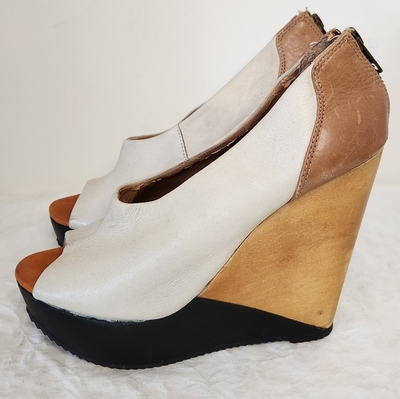 Leather Wedge Heels Cream & Tan - Picture 2 of 11